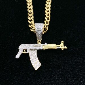 NEW 18K GOLD CUBAN LINK CHAIN AK 47 CHARM LAB DIAMONDS ITALY *LIFETIME WARRANTY*